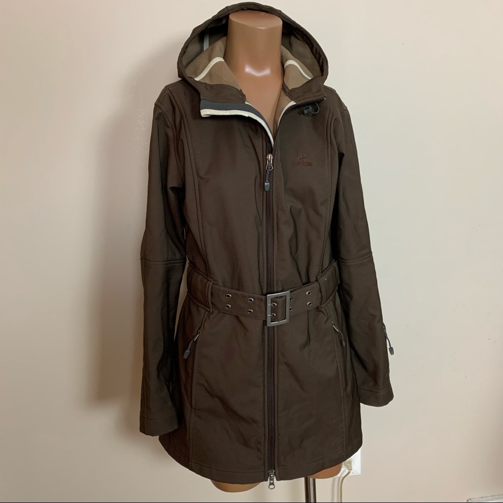 Women's NIKE ACG Brown FLEECE Lined HOODED Car Coat BELTED Sport JACKET  M